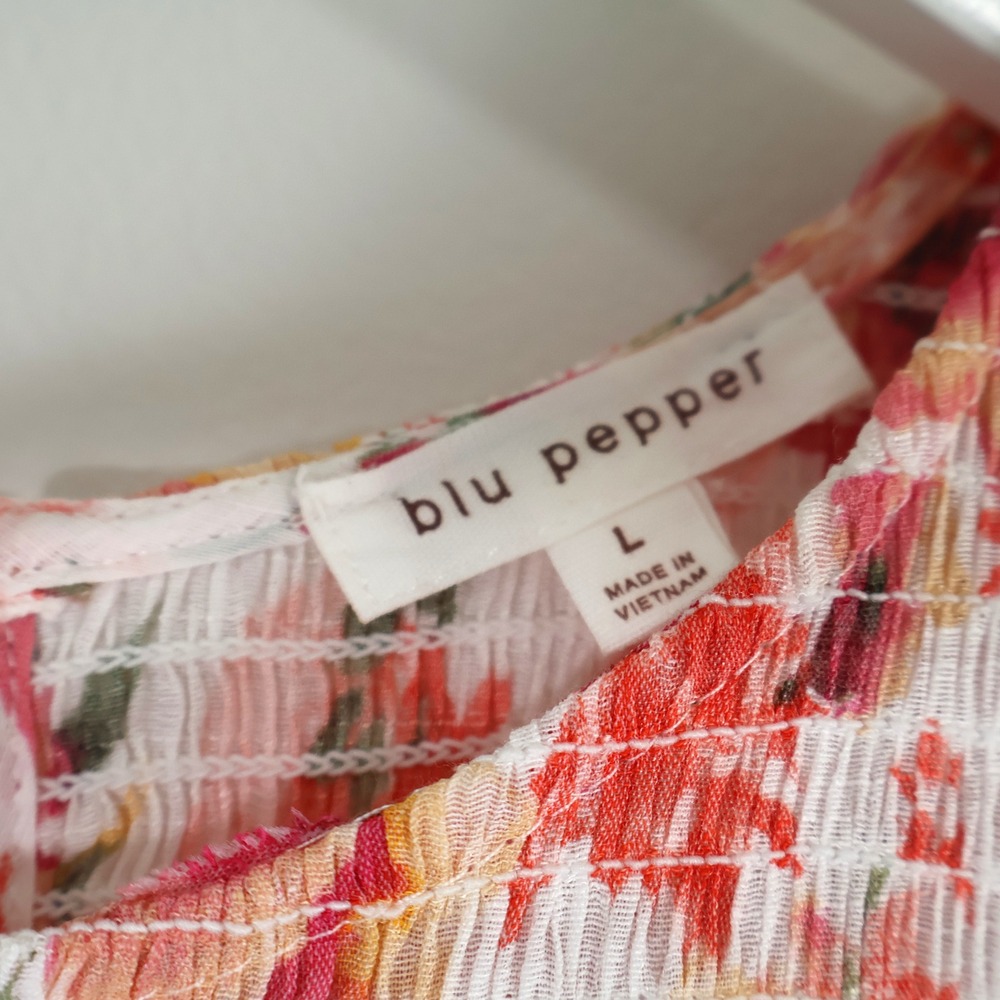 Blu Pepper Floral Smocked Maxi Dress Pink Orange Tiered Ruffle Cap Sleeve Large - Picture 7 of 9